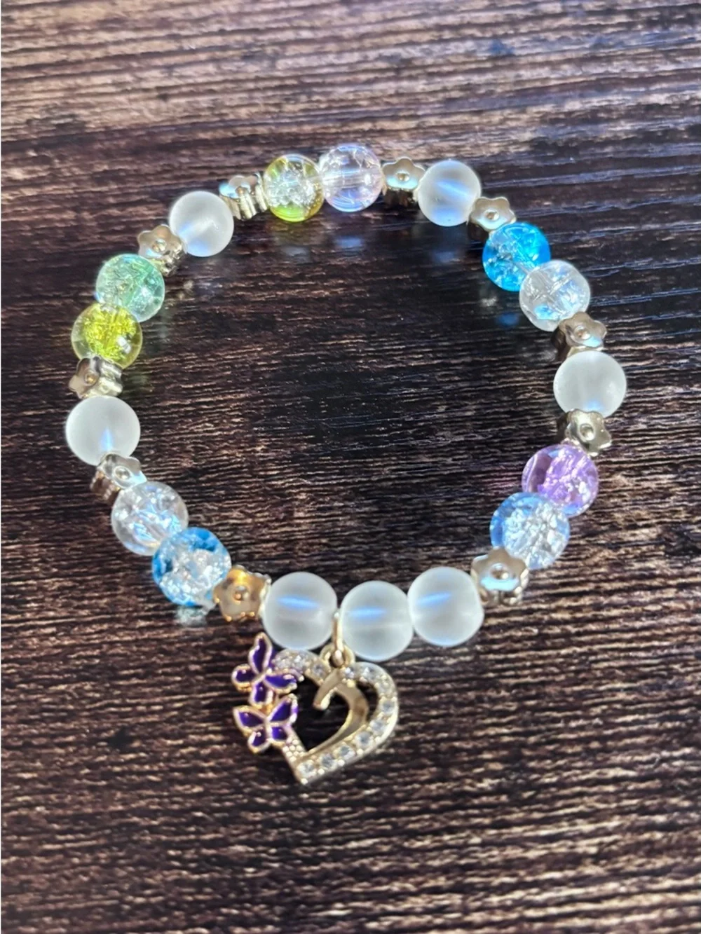 Crystal & Frosted Bead Stretch Bracelet‎ with Heart & Flower Charm